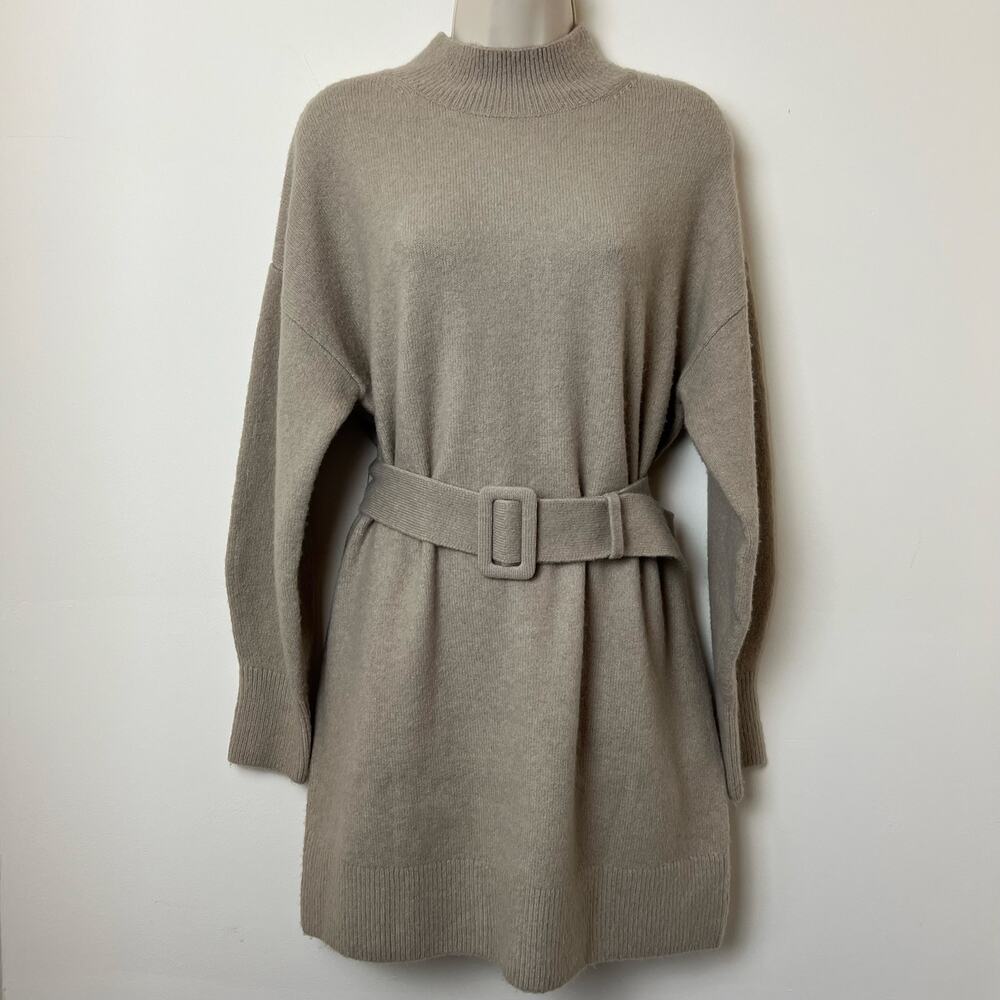 & Other Stories Oatmeal Mock Neck Belted Long Sleeve Mini Sweater Dress Small
